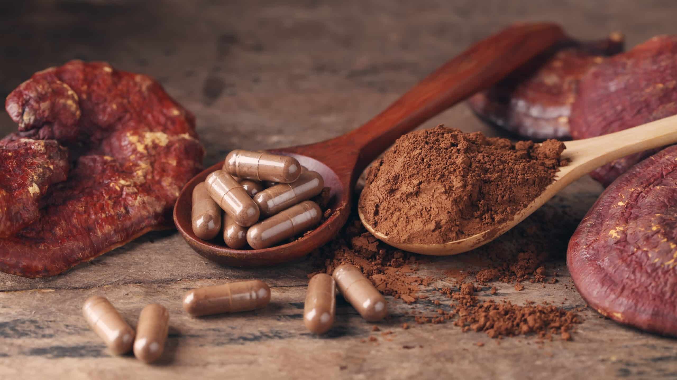 Ganoderma,Lucidum,Capsule,On,Wooden,Background,ling,Zhi,Mushroom,-,Vintage